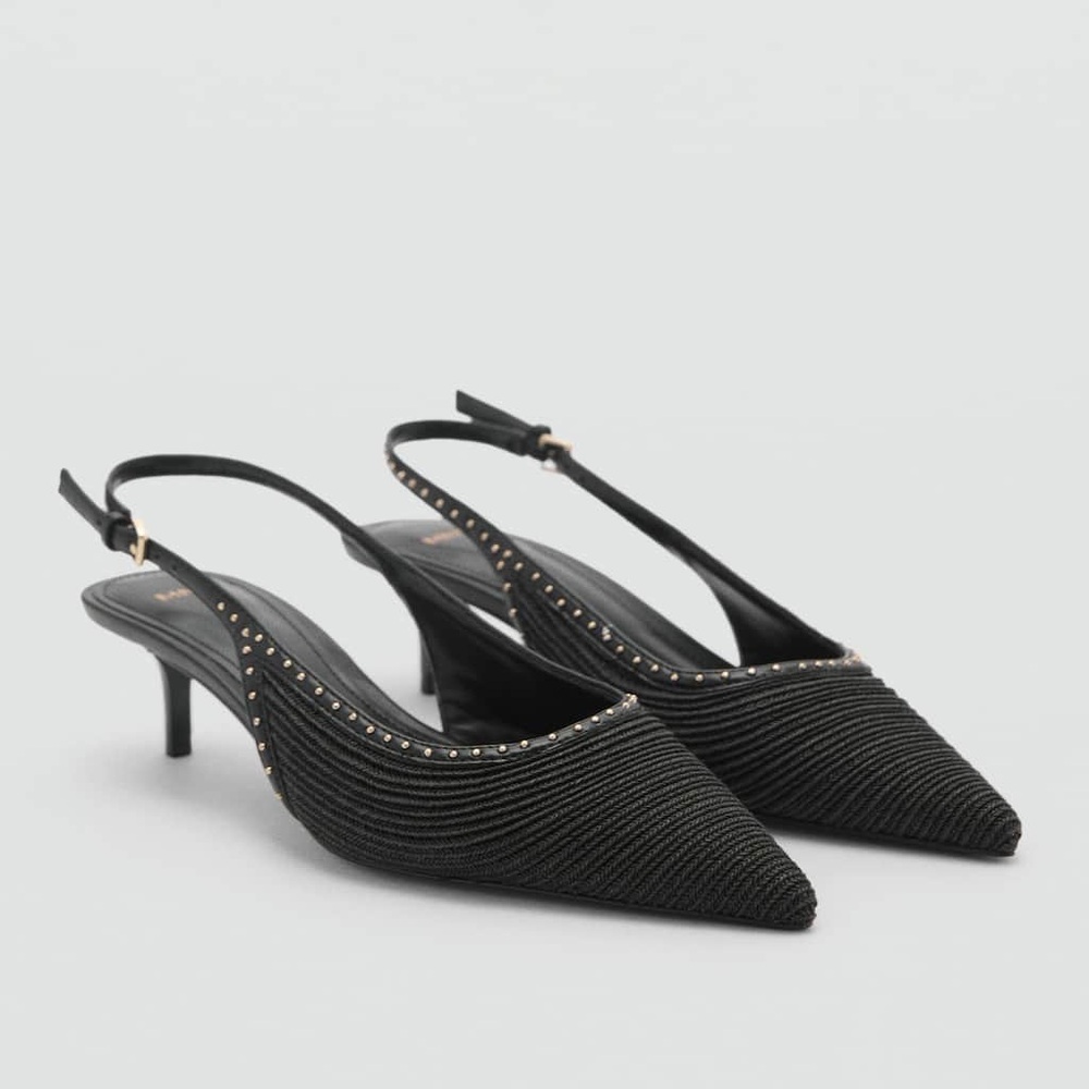 Mango Black Slingback Kitten Heel Pumps Studded Pointed Toe Woven Heels US 7.5